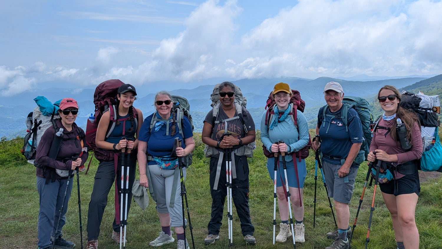 Group of hikers with backpacks and walking sticks standing on a grassy hill with a scenic background.